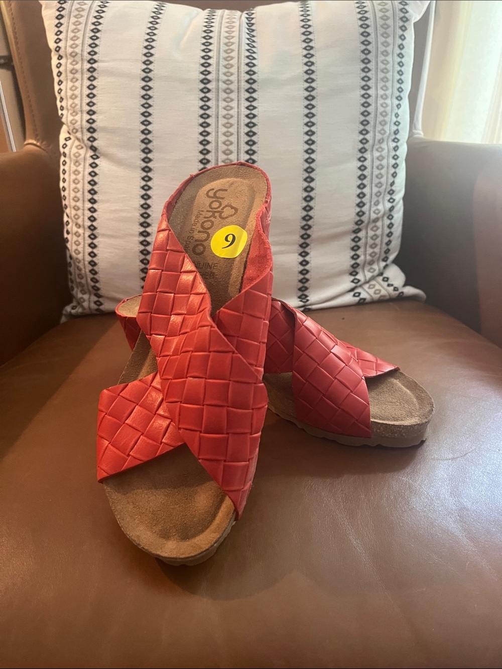 Women's Red Woven Crossband Slide Sandals by SoftWalk